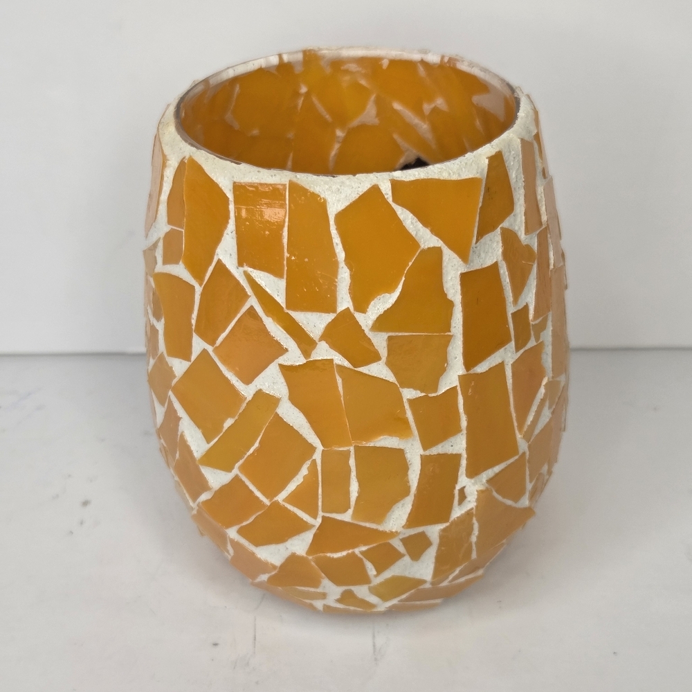 Mosaic Orange Pumpkin Jackolantern Candle Holder Jar Vase Halloween Decor - Picture 8 of 11